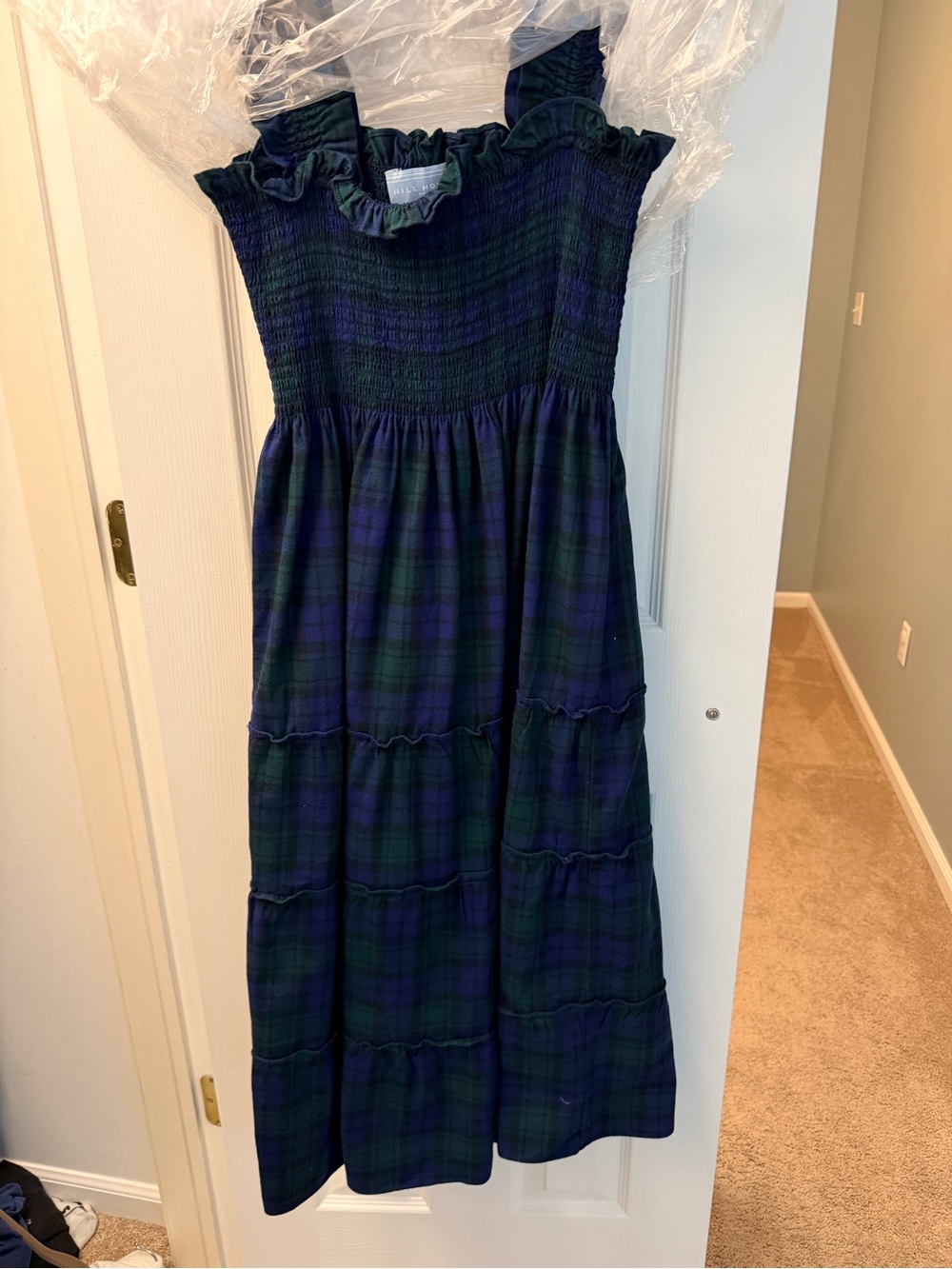 Hill House Blackwatch Plaid Smocked Tiered Midi Dress - Navy & Green